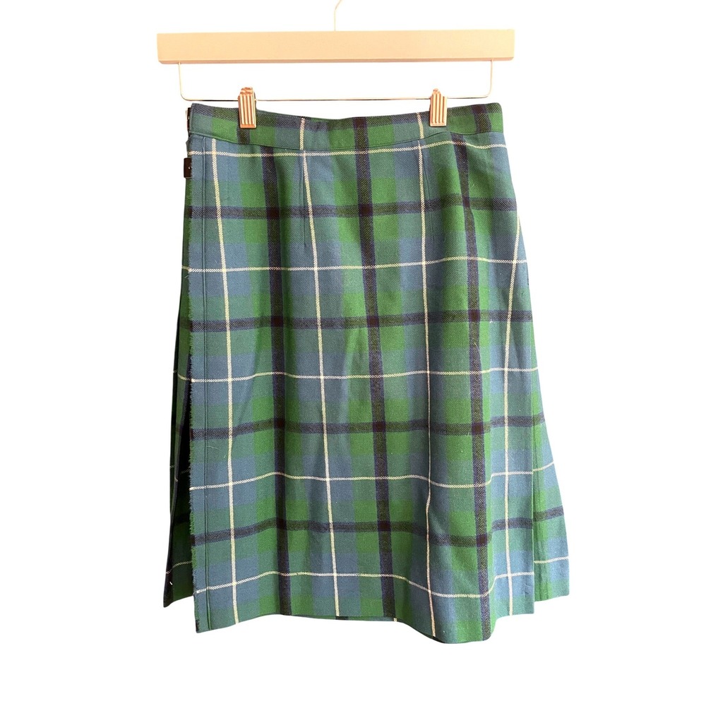 Vintage Kilt Wrap Skirt Made in Scotland Wool Green Blue Tartan Plaid